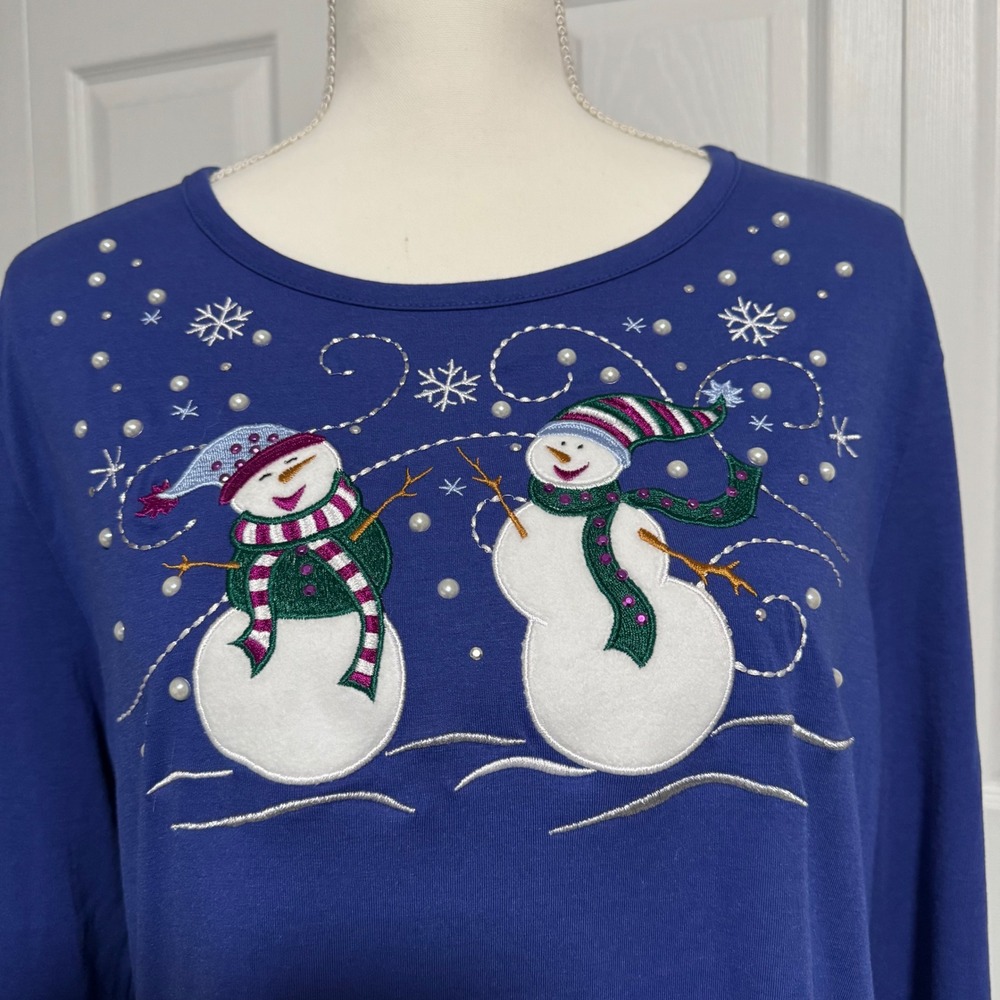 Sophia & Jayne Snowman Graphic Tee Royal Blue Embroidered Holiday Top XL NWT